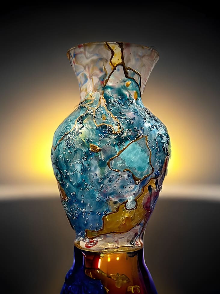 Artistic glass vase with a textured surface and vibrant, multicolored patterns, highlighted against a soft, golden background.