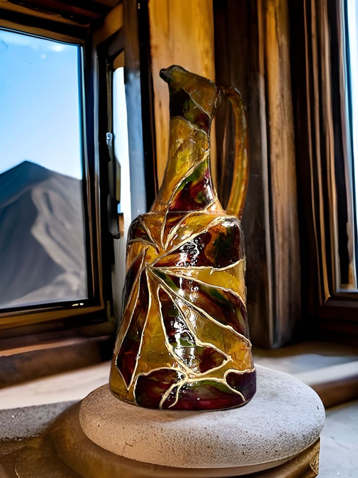 A colorful ceramic vase with a leaf pattern, placed on a stone pedestal near a window with a view of hills outside.