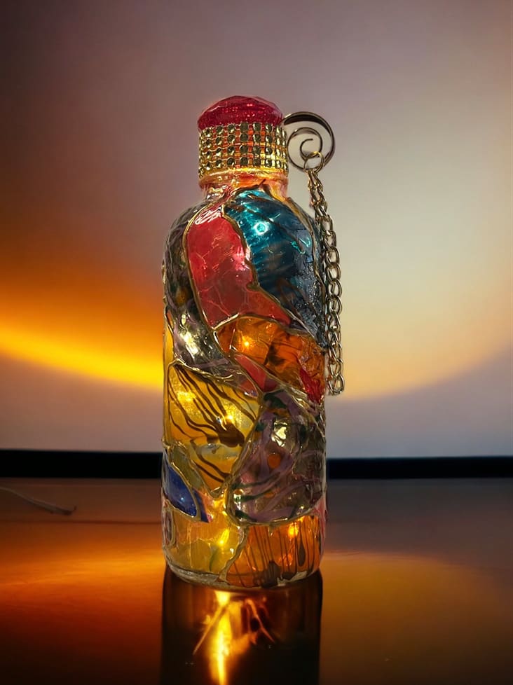 Decorative glass bottle filled with colorful pieces, capped with a golden lid and attached chain, set against a warm gradient backdrop.