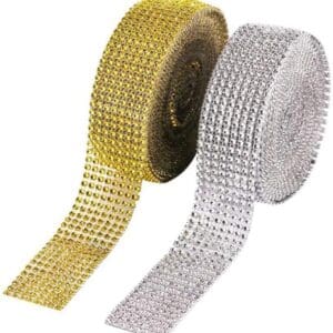 Two rolls of Onwon 2 Pcs 8 Row 10 Yard Acrylic Rhinestone Dismond Ribbon Roll, one gold and one silver, partially unrolled with reflective gem embellishments.