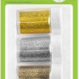Packaging of three Krafty Kids GC400A Glitter Shaker Jars in gold, silver, and multicolor arranged vertically, labeled "krafty kids glitter shakers" for crafting use.