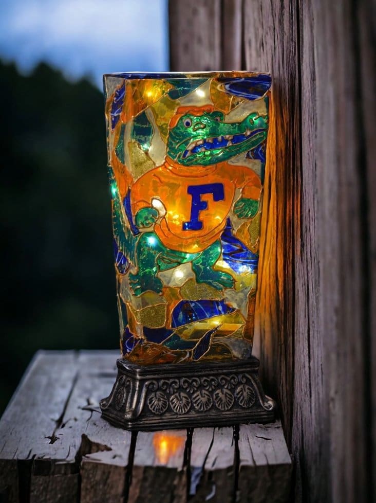 Colorful stained glass lamp featuring a letter 'f' and decorative patterns, illuminated and placed on a wooden ledge by a rustic wall.