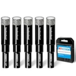 Set of five black and silver drill bits with a small black case.
