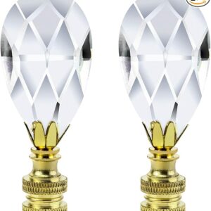 QWORK Crystal Lamp Finials, 2 Pack Teardrop Shape Clear Faceted Crystal Lamp Finials with Polished Brass Base for Lamp Shade, 2-3/4″ Tall