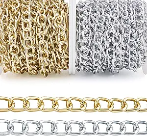 32.8 Feet Aluminum Curb Chains Gold Silver Twisted Links Cross Cable Chains with Spool Craftdady for Bracelet Necklace Earring Jewelry Making-2 Rolls, 10×6.5mm 32.8 Feet Aluminum Curb Chains Gold Silver Twisted Links Cross Cable Chains with Spool Craftdady for Bracelet Necklace Earring Jewelry Making-2 Rolls, 10×6.5mm