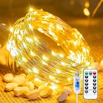Cozy warm white LED string lights with remote control.