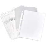 Clear plastic sheet protectors for organizing documents.